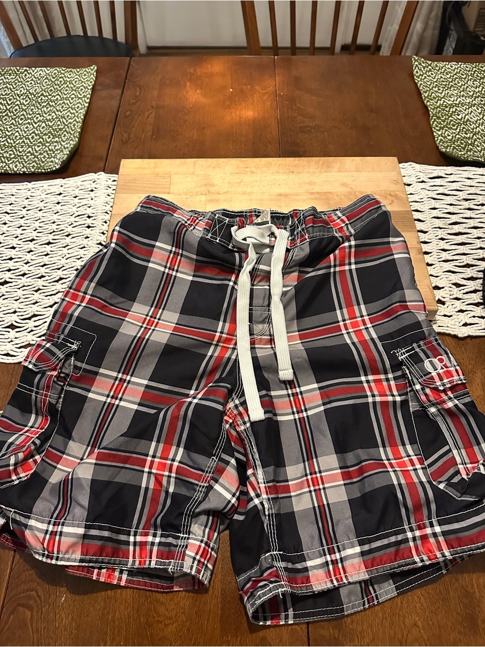 OP Plaid Swim Shorts in Black, Red & Gray